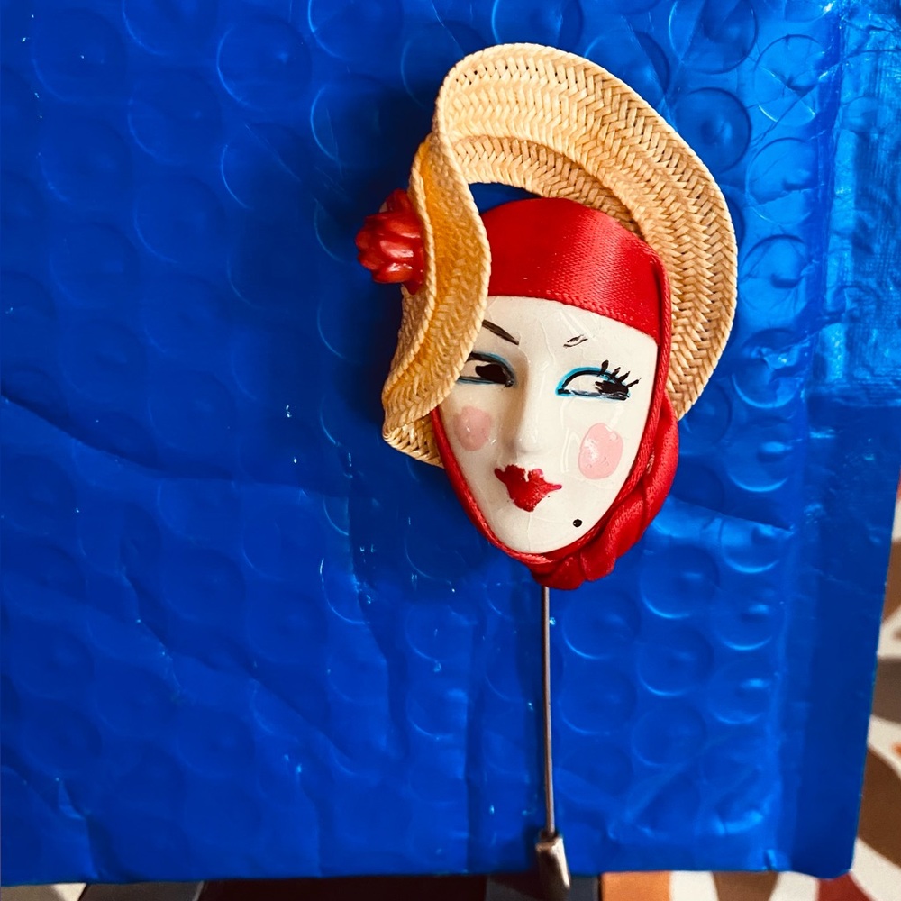 Vintage Style 1980’sPorcelain Face Pin with Red and Yellow accent Stick Pin